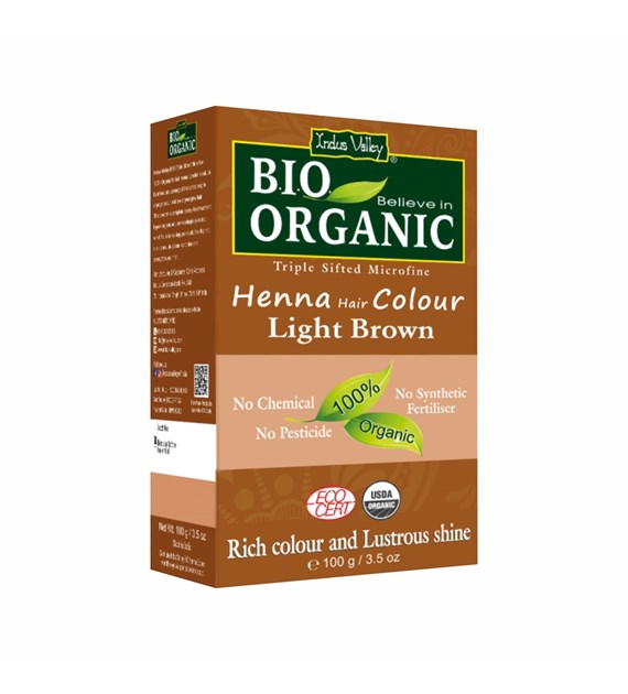 Bio ORGANIC Henna Hair Colour Light Brown, 100g, Indus Valley