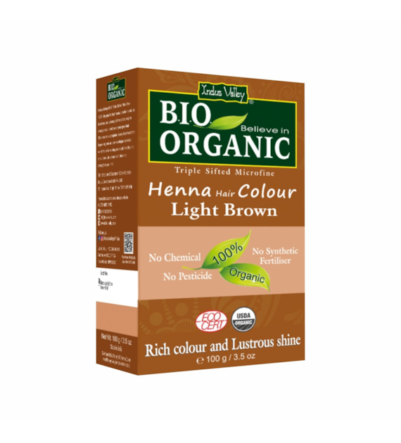 Bio ORGANIC Henna Hair Colour Light Brown, 100g, Indus Valley