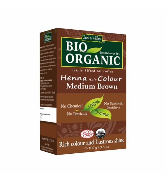 Bio ORGANIC Henna Hair Colour Medium Brown, 100g, Indus Valley