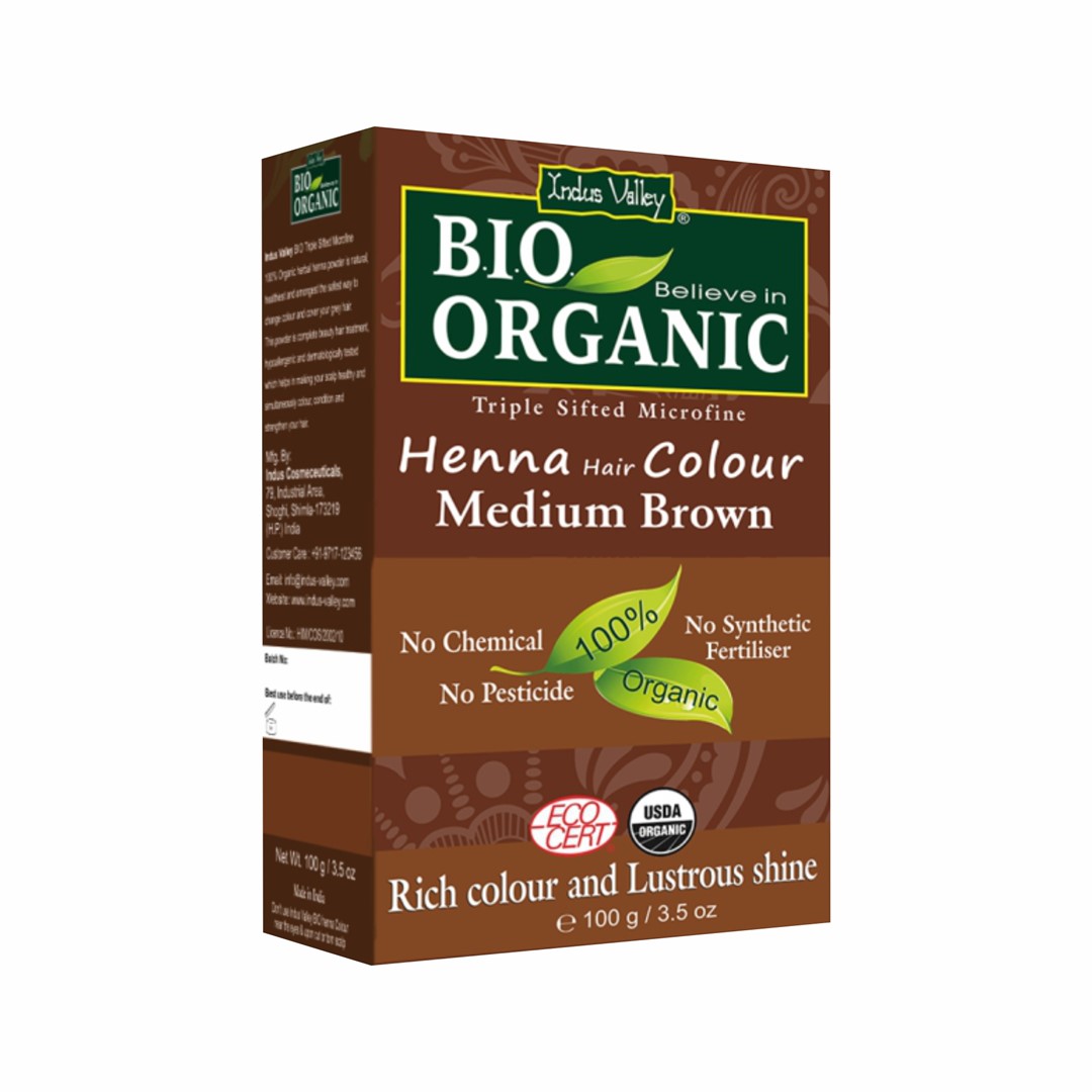 Bio ORGANIC Henna Hair Colour Medium Brown, 100g, Indus Valley