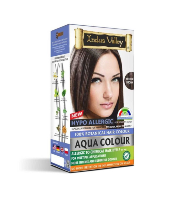 100% Botanical Aqua Colour For Sensitive and Allergy Prone Scalp - Medium Brown, 220g, Indus Valley